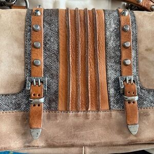 A.S.98 Tan and Brown Crossbody Bag with Studded Flap